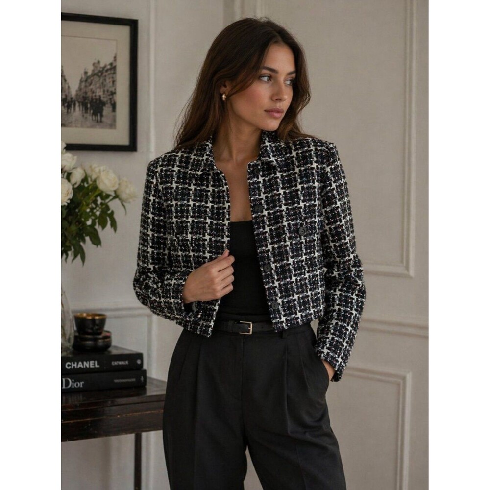 LOFT Petites Tweed Jacket LP Black White Cropped Blazer Metallic Thread Classic